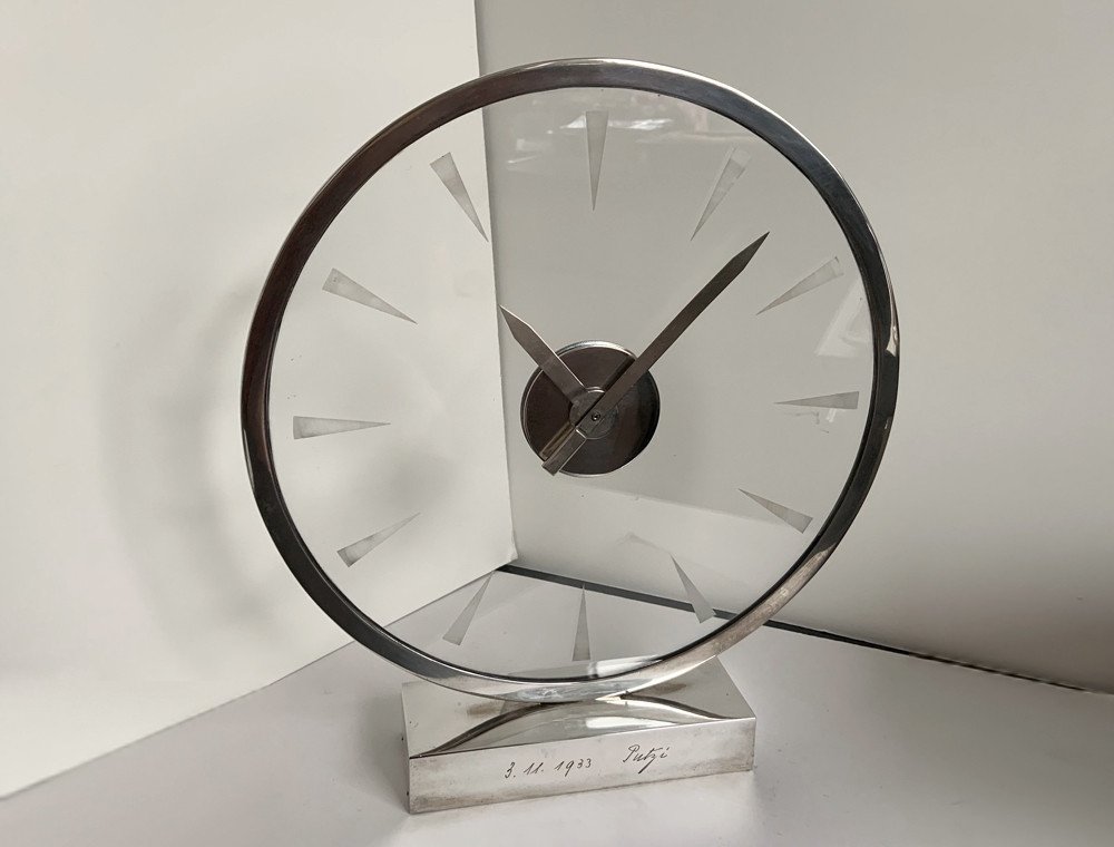 Horloge De Table Art Déco Bauhaus En Argent 800, Gebhard Duve Berlin Vers 1930-photo-2