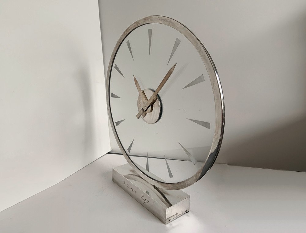 Horloge De Table Art Déco Bauhaus En Argent 800, Gebhard Duve Berlin Vers 1930-photo-3