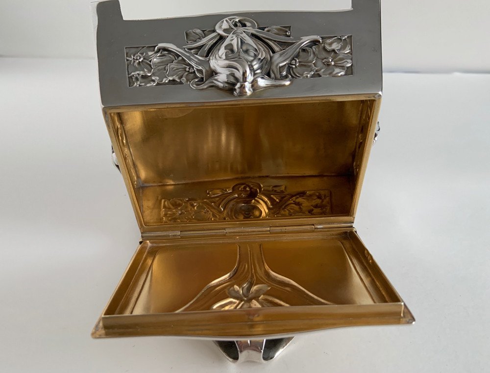 Mucha, Bruckmann, 800 Silver, Art Nouveau Sugar Bowl With Woman's Head And Dragonflies-photo-4
