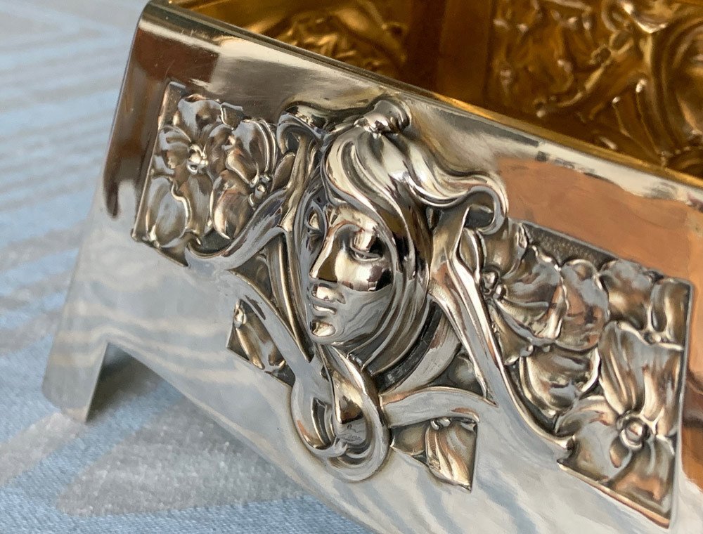 Mucha, Bruckmann, 800 Silver, Art Nouveau Sugar Bowl With Woman's Head And Dragonflies-photo-3
