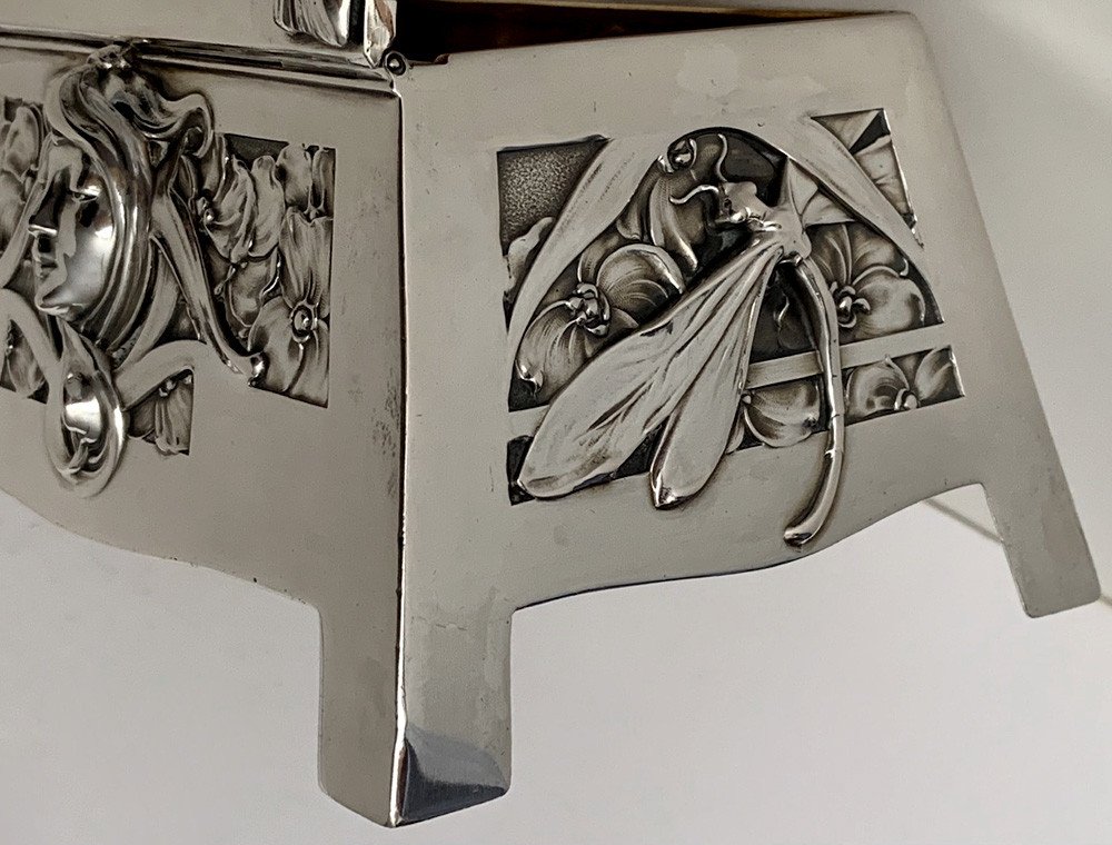 Mucha, Bruckmann, 800 Silver, Art Nouveau Sugar Bowl With Woman's Head And Dragonflies-photo-5