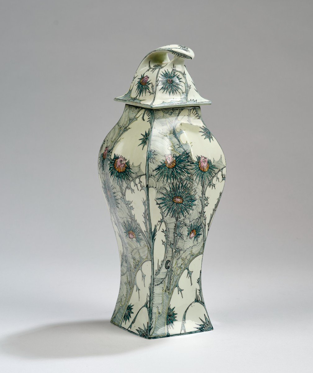 Porcelain Eggshell Lidded Vase With Thistle Decoration, Painting By Samuel Schellink,-photo-2