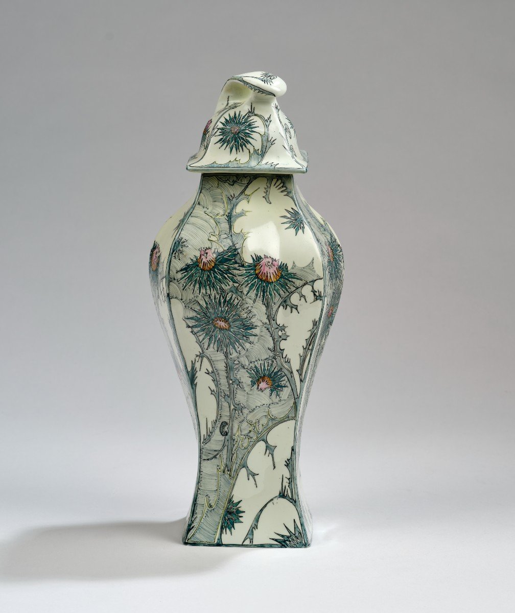 Porcelain Eggshell Lidded Vase With Thistle Decoration, Painting By Samuel Schellink,-photo-3