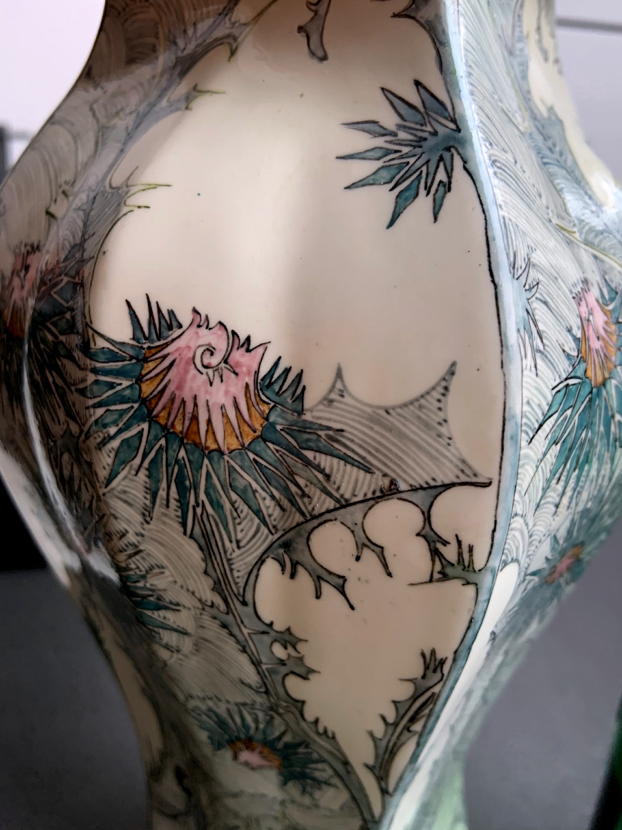 Porcelain Eggshell Lidded Vase With Thistle Decoration, Painting By Samuel Schellink,-photo-4