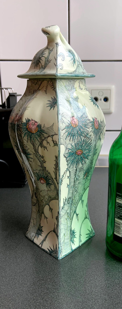 Porcelain Eggshell Lidded Vase With Thistle Decoration, Painting By Samuel Schellink,-photo-2