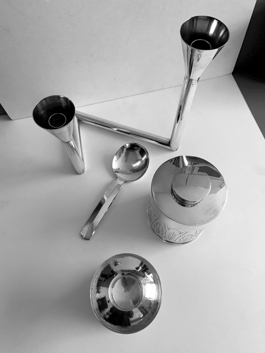 Candlestick, Two Arm, 925 Silver. Handcarfted, U.und M. Kaufmann, Hildesheim-photo-1