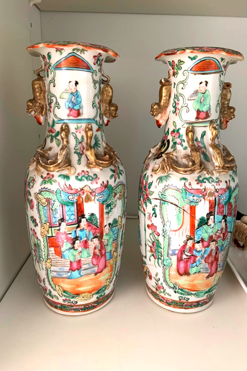 Canton, Chine Paire de vases balustres Émail Famille Rose Dynastie Qing, XIXe siècle  H.24,5 cm-photo-2
