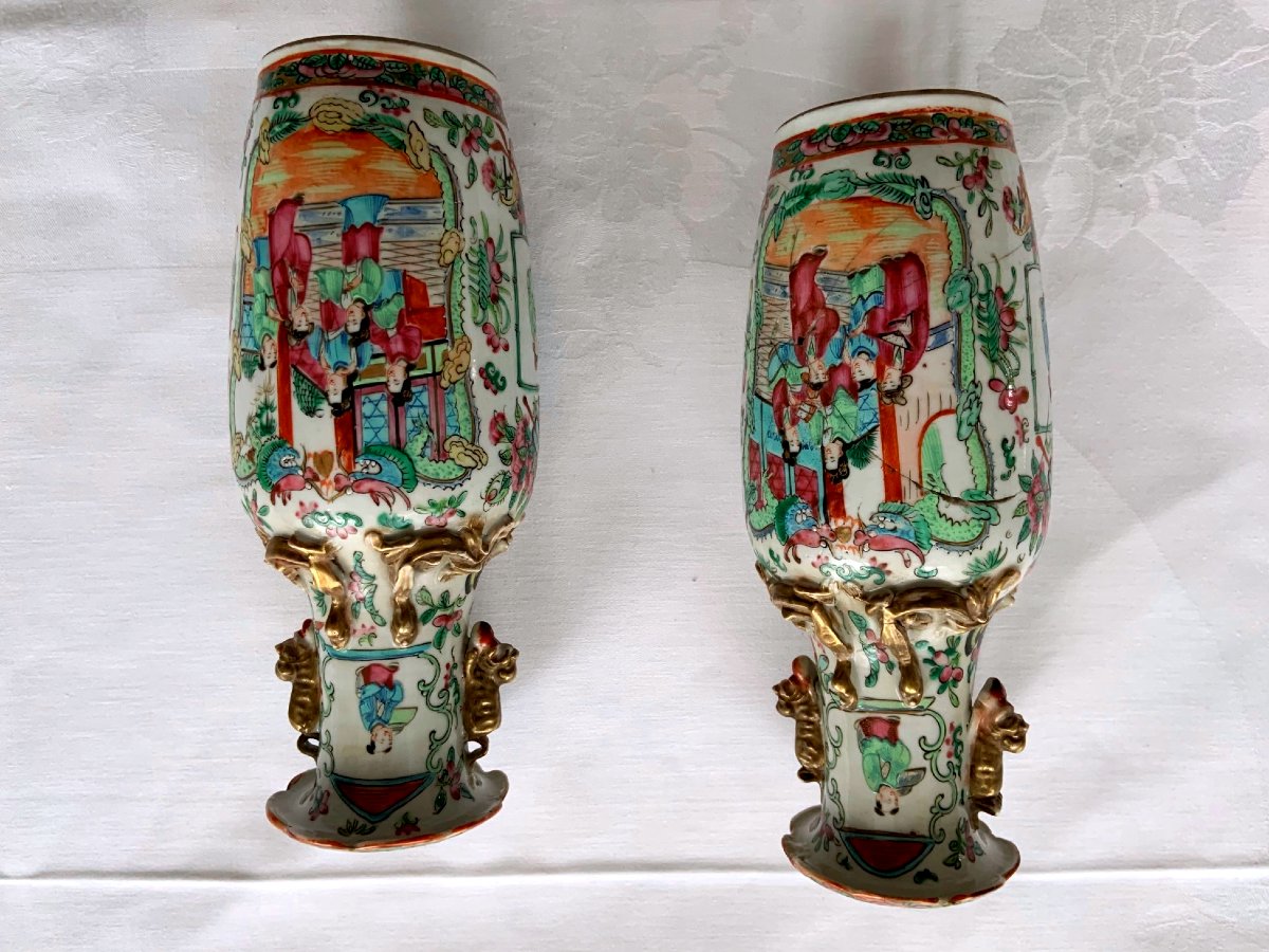 Canton, Chine Paire de vases balustres Émail Famille Rose Dynastie Qing, XIXe siècle  H.24,5 cm-photo-3
