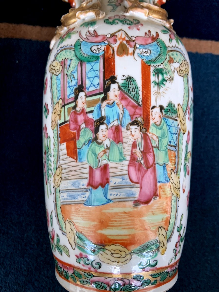 Canton, Chine Paire de vases balustres Émail Famille Rose Dynastie Qing, XIXe siècle  H.24,5 cm-photo-5