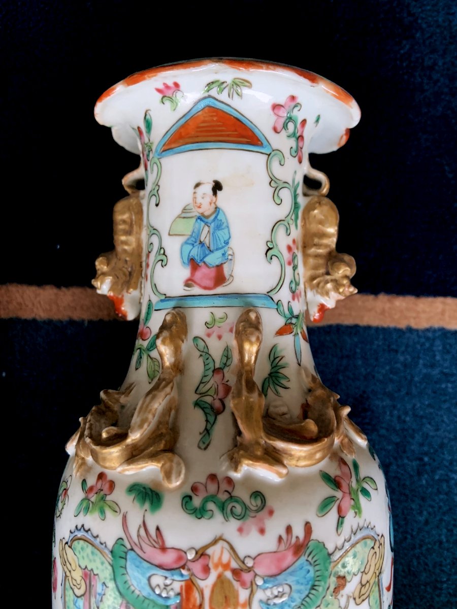 Canton, Chine Paire de vases balustres Émail Famille Rose Dynastie Qing, XIXe siècle  H.24,5 cm-photo-6