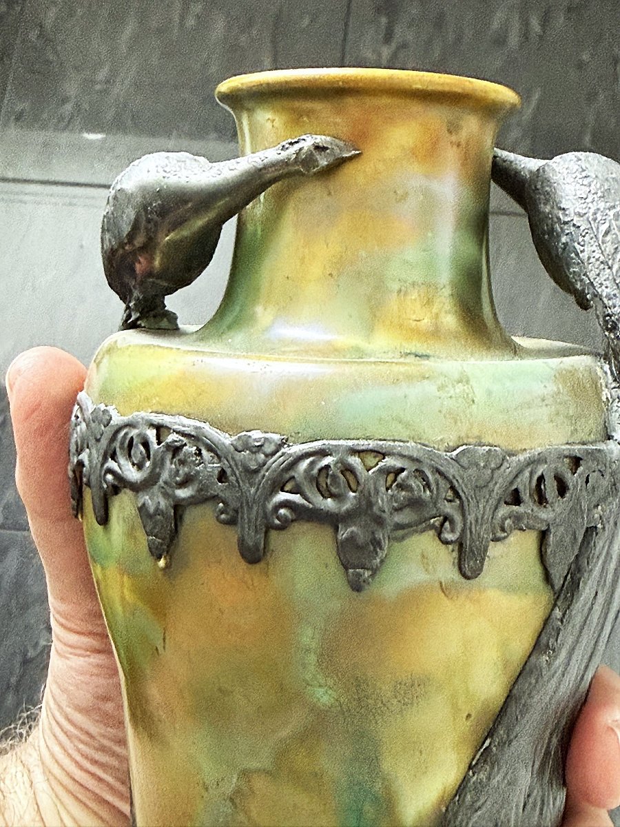 Vase Art Nouveau au Paon N° 272. ORIVIT AG Cologne, Métal Britannia Céramique Zsolnay vers 1906-photo-4