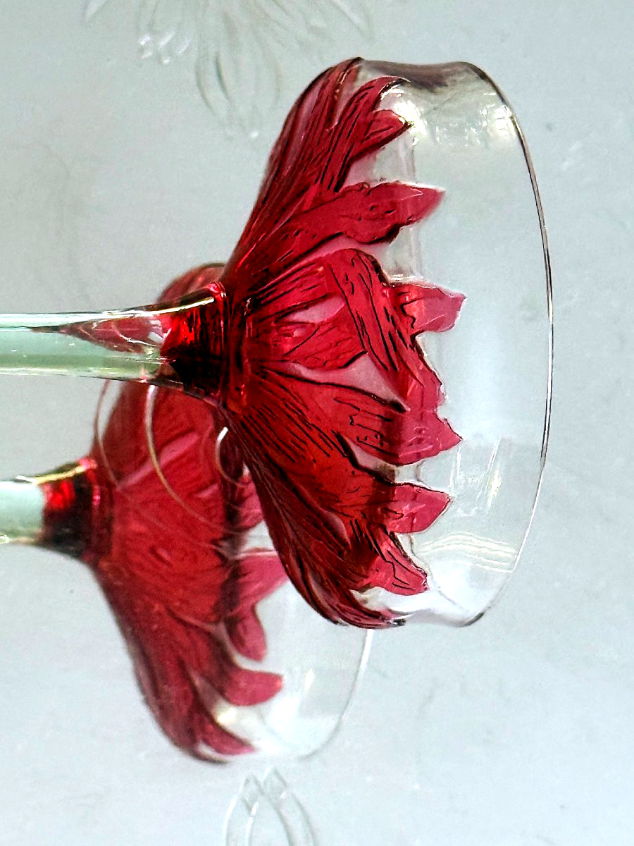 Verre à liqueur Art nouveau en verre doublé rubis et pied en verre à l'uranium Köln Ehrenfeld-photo-4