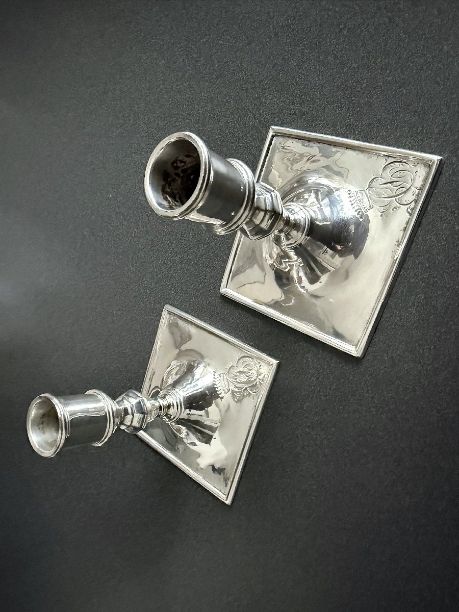 Paire de petits flambeaux en argent aux armoiries comtales Allemagne probablement Schwerin 1820-photo-1