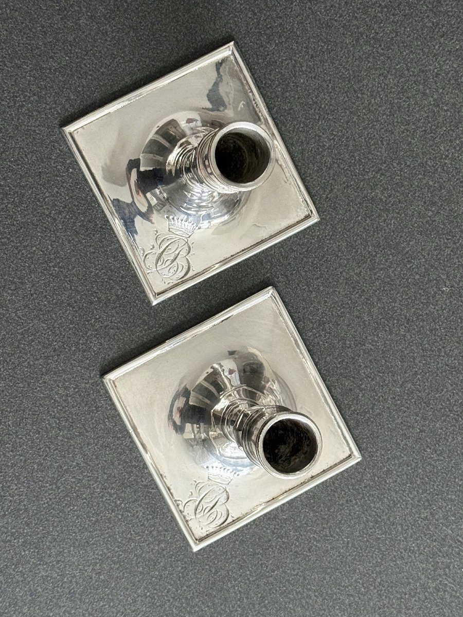 Paire de petits flambeaux en argent aux armoiries comtales Allemagne probablement Schwerin 1820-photo-2