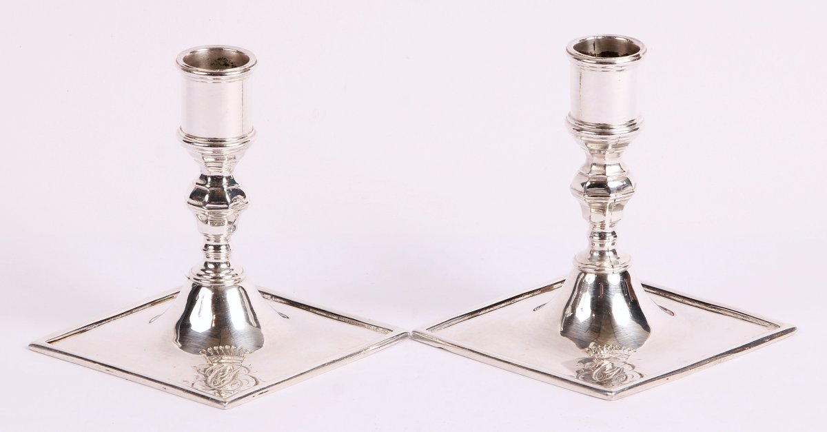 Paire de petits flambeaux en argent aux armoiries comtales Allemagne probablement Schwerin 1820-photo-3