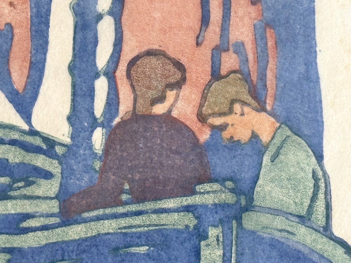 Ernst Odefey (1882–1964) Promenade en voilier gravure sur bois originale en couleurs, vers 1915-photo-1
