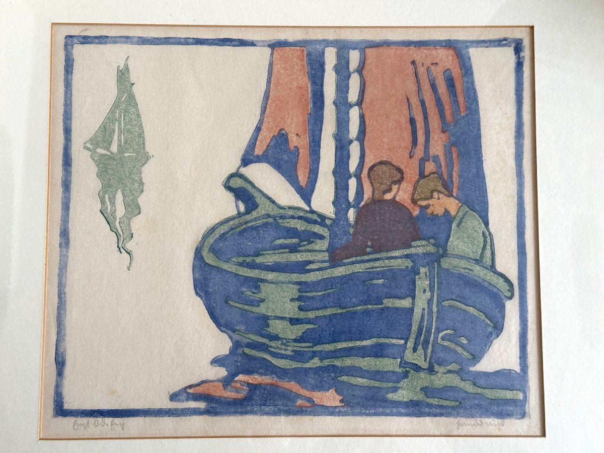 Ernst Odefey (1882–1964) Promenade en voilier gravure sur bois originale en couleurs, vers 1915