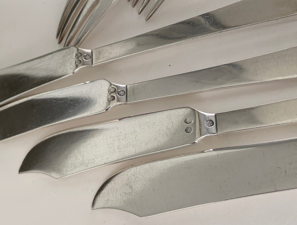 Pre-war Georg Jensen Sterling Silver Fish Cutlery For 6 Pyramid Collection, Execution 1932-33-photo-2