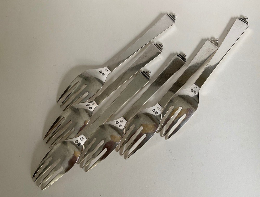 Pre-war Georg Jensen Sterling Silver Fish Cutlery For 6 Pyramid Collection, Execution 1932-33-photo-3