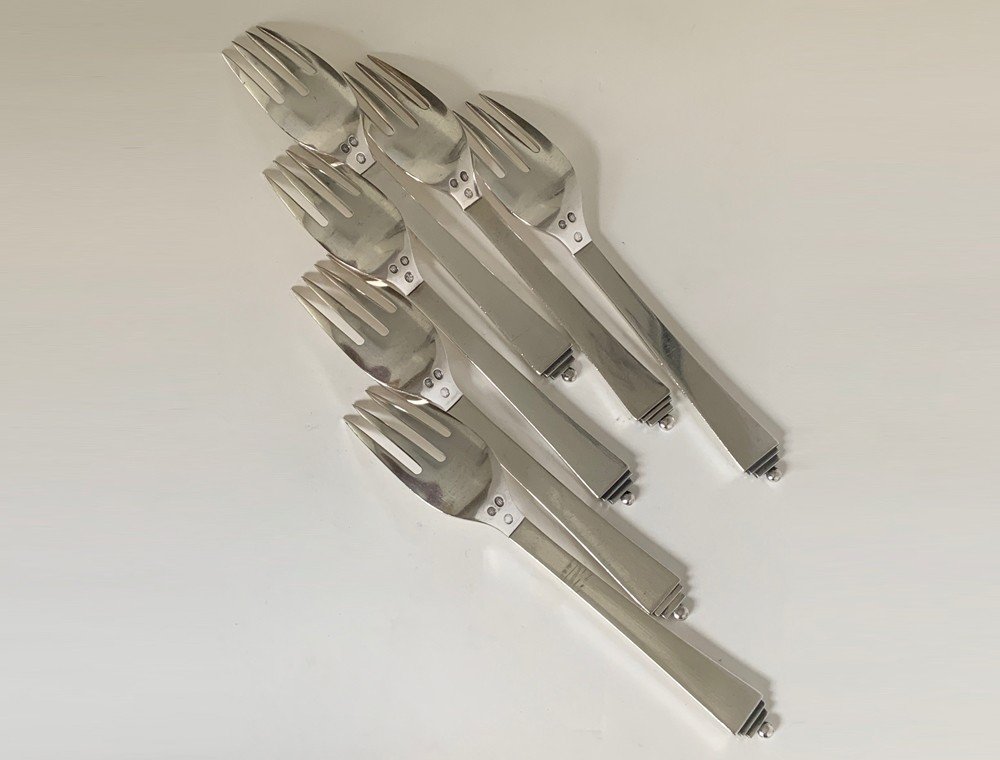 Pre-war Georg Jensen Sterling Silver Fish Cutlery For 6 Pyramid Collection, Execution 1932-33-photo-2