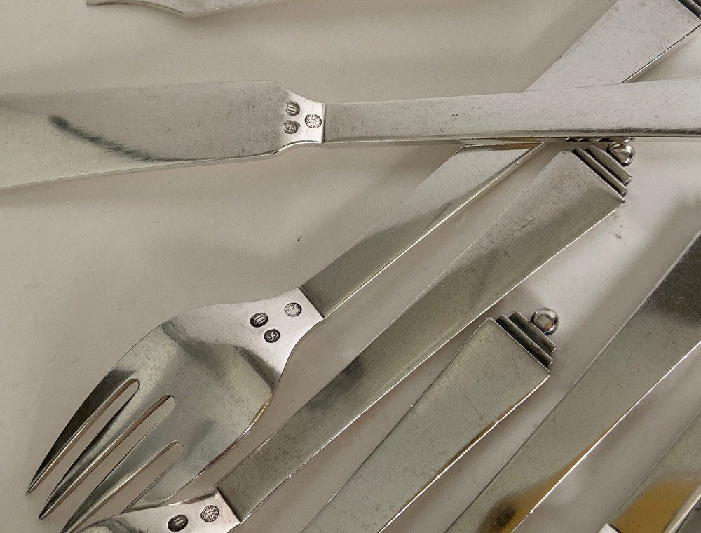 Georg Jensen Sterling Couverts à Poisson En Argent pour 6 Pyramid Collection, Exécution 1932-33