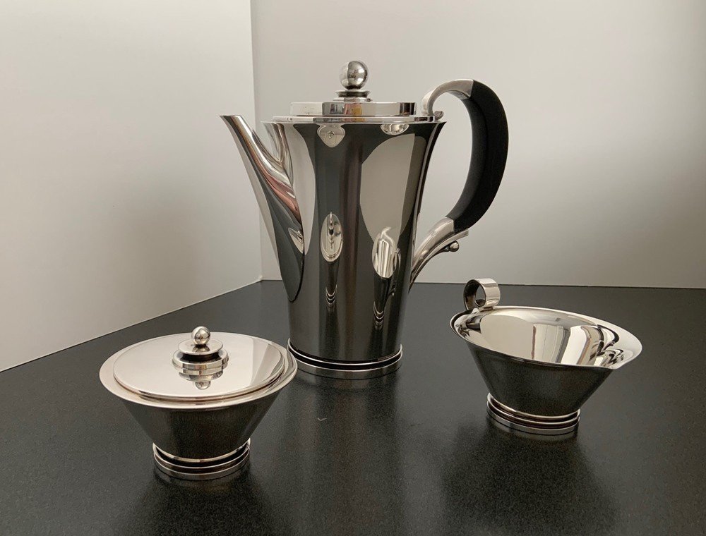 Georg Jensen Cafetière Pyramid En Argent 600 B Avec Crémier Et Sucier 600 A, 1945 - Ca, 1950-photo-2