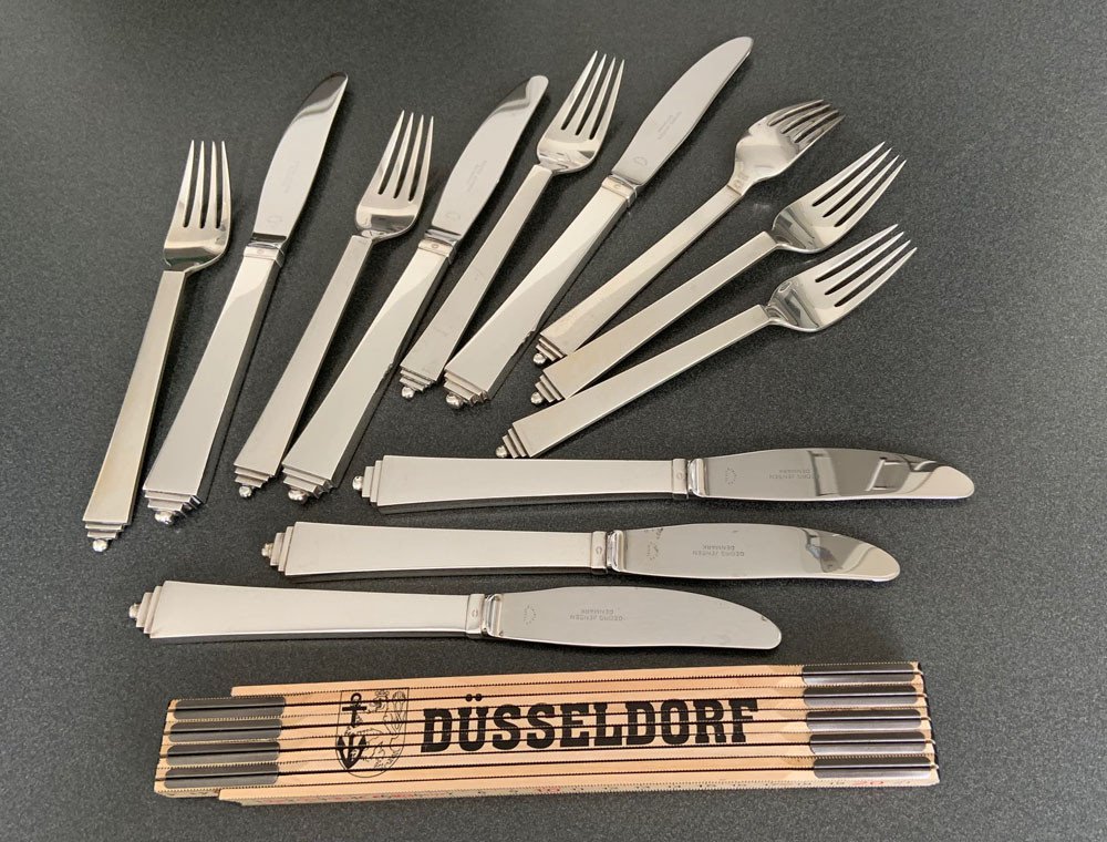 Georg Jensen Pyramid Art Deco Silver Dinner Forks & Knifes Set For 6 Persons