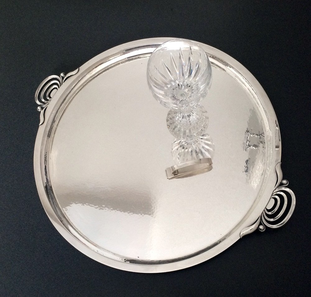 Georg Jensen XXl Art Deco Plateau Rond En Argent 510, Design Gustav Pedersen Ca. 1927-photo-2