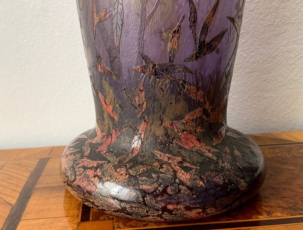 Daum Nancy Vase XXl En Verre Camée Paysage D’automne Vers 1910, Symbolisme-photo-6