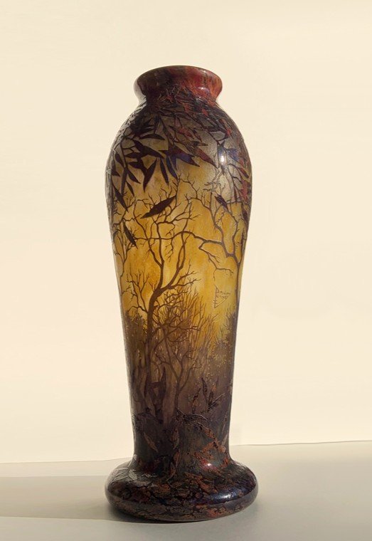 Daum Nancy Vase XXl En Verre Camée Paysage D’automne Vers 1910, Symbolisme-photo-8