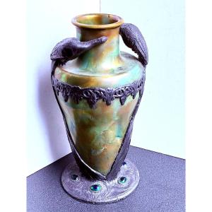 Art Nouveau Peacock Vase N° 272. Orivit Ag Cologne, Metal Britannia Ceramic Zsolnay Circa 1906