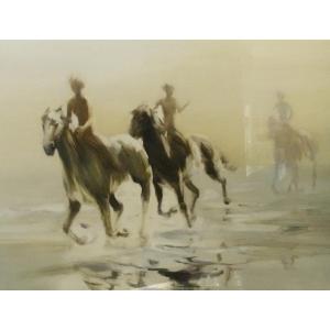 Manfred Schatz Trois Cavaliers Sur La Plage Peinture à L’huile  Manfred Schatz [1925 – 2004]