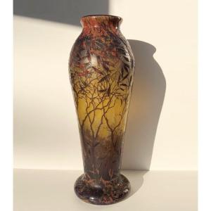 Daum Nancy Vase XXl En Verre Camée Paysage D’automne Vers 1910, Symbolisme