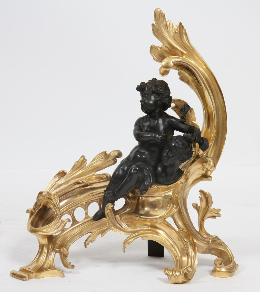 Pair Of Andirons "allegories Des Arts" Louis XV Style-photo-3