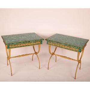 Rare Paire De Tables De Présentation De Style Empire En Malachite 