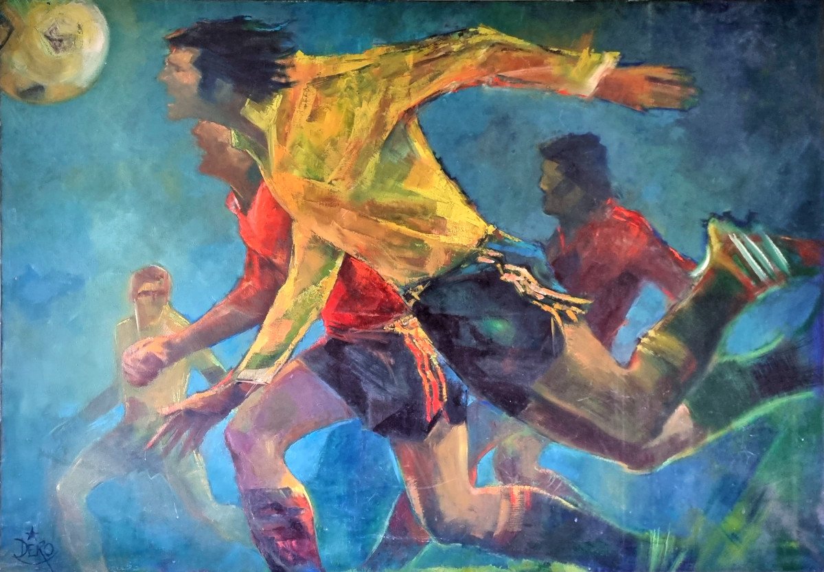 Robert Decremps Called "dero" - Important Oil On Canvas The Footballers - Football Painting