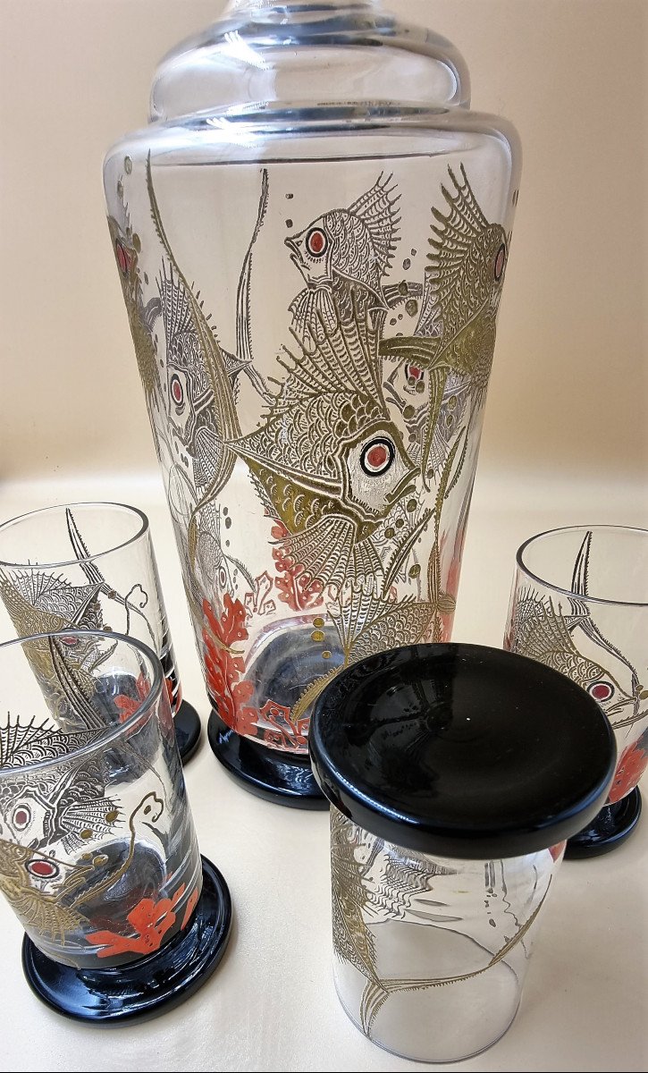 Carafe et 4 Verres Vers 1930 - 1950 Décor Poissons Gravés émaillés Noir Rouge Art Déco Service-photo-2