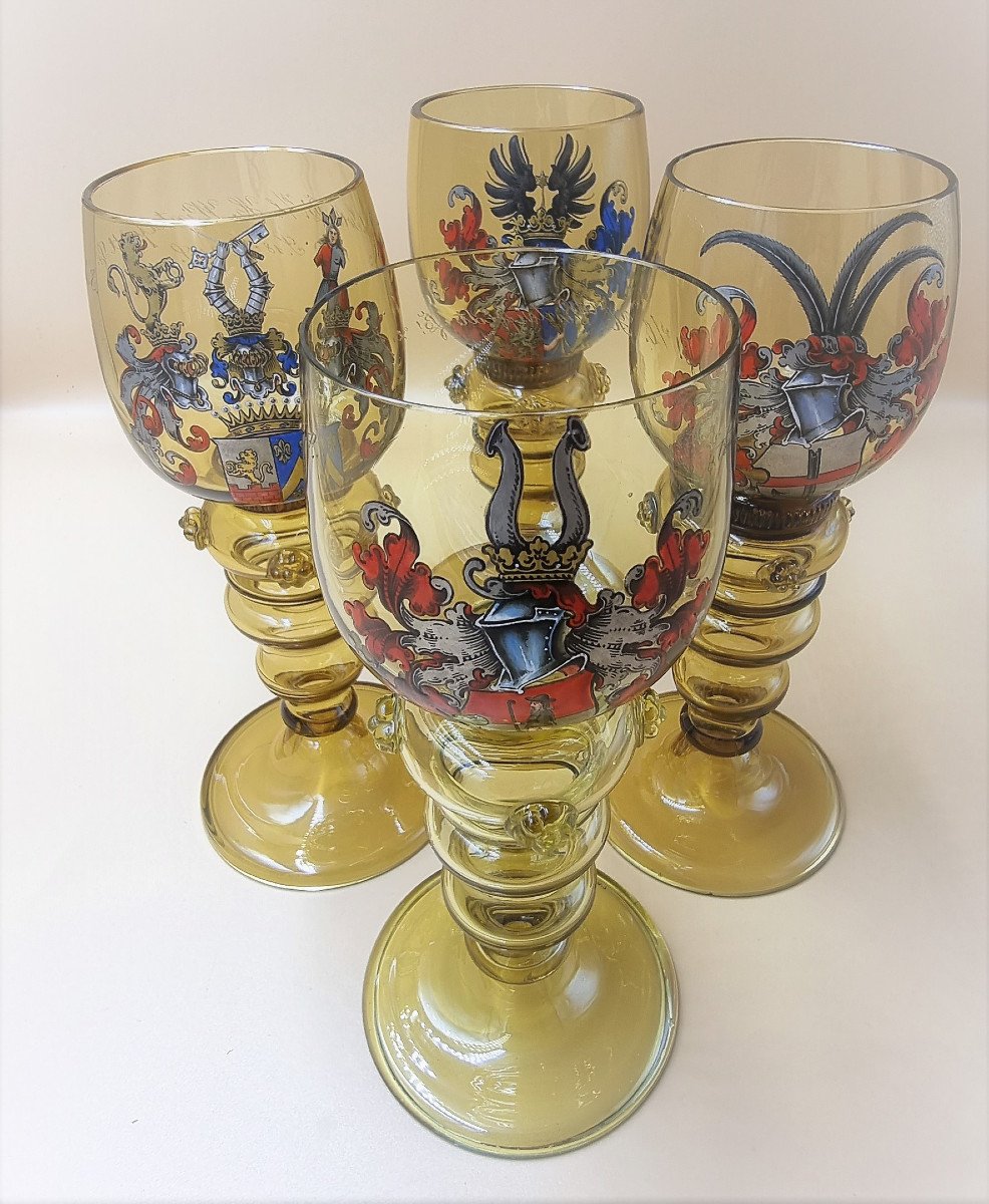 X4 Chalice Glasses - Rich And Fine Enamelled Decor Coat Of Arms Heraldry Engraved Text-photo-2