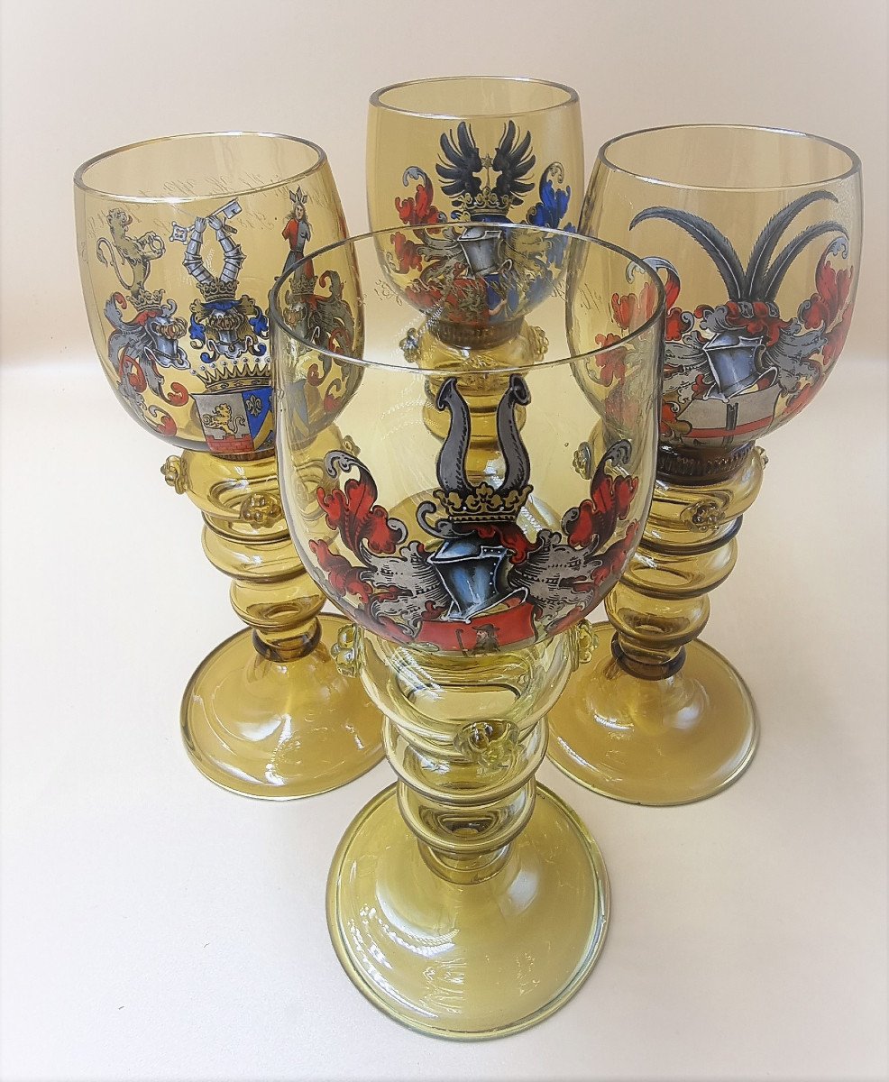 X4 Verres Calice - Riche Et Fin  Décor émaillé Blason Armoiries Héraldique texte gravé -photo-2