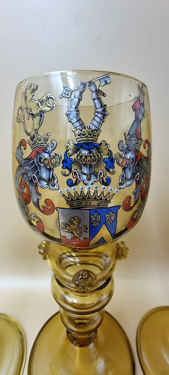 X4 Chalice Glasses - Rich And Fine Enamelled Decor Coat Of Arms Heraldry Engraved Text-photo-4