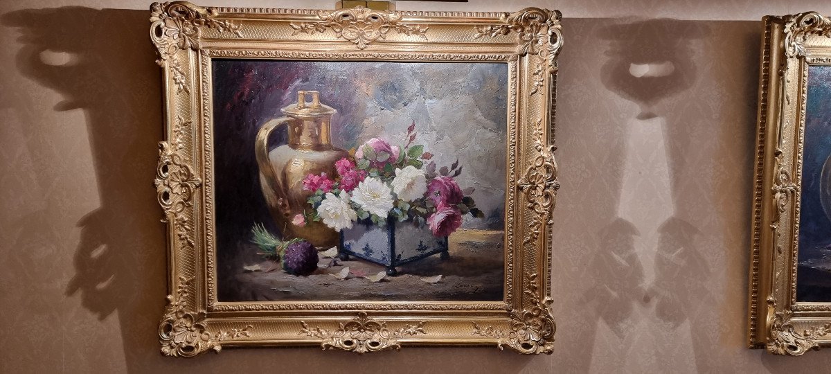 Paire Peinture Huile Sur Toile Laurence - Bouquet De Fleurs Cadre  Bois Dorés Nature Morte-photo-2