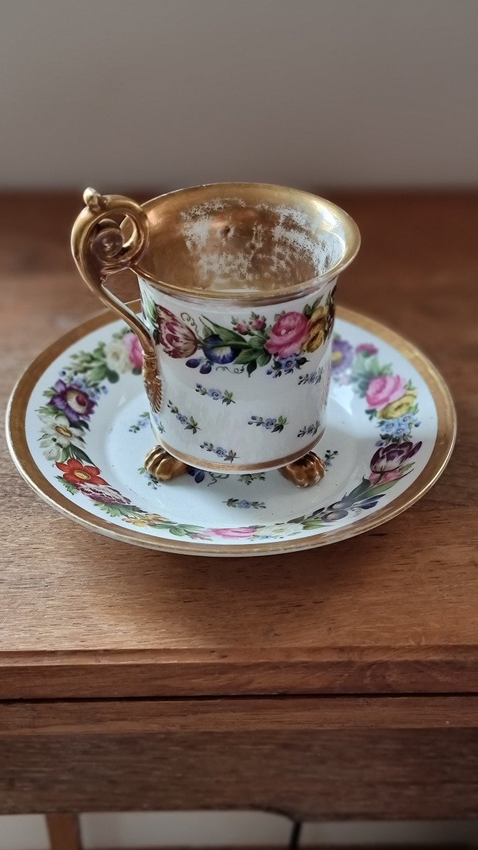 Paris Porcelain Cup And Saucer Restoration Period - Bouquet Of Pink Flowers-photo-3