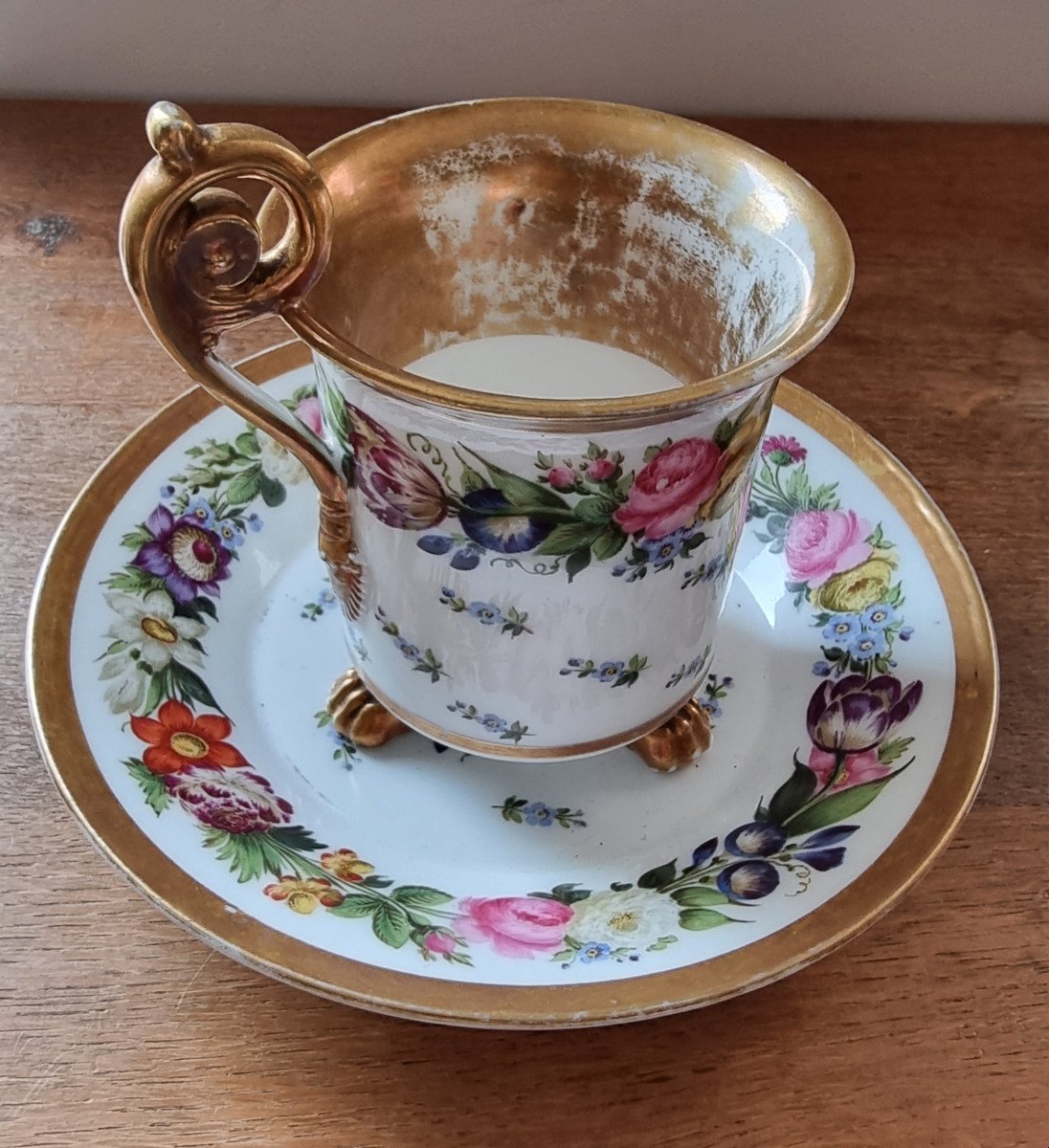 Paris Porcelain Cup And Saucer Restoration Period - Bouquet Of Pink Flowers-photo-1