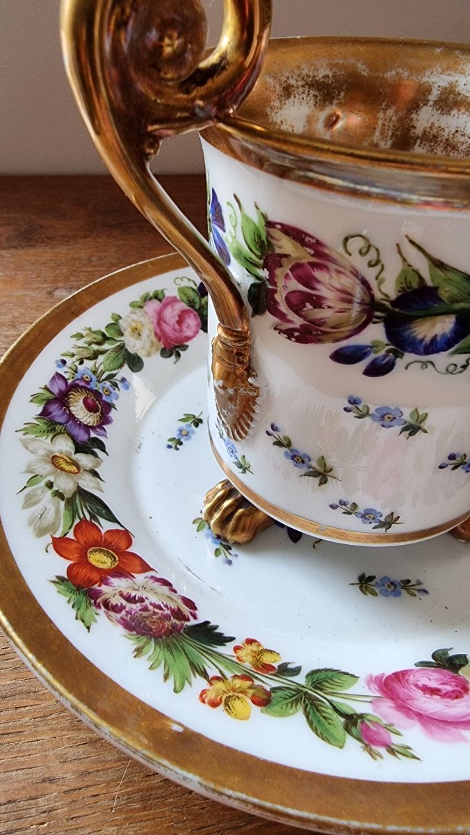 Paris Porcelain Cup And Saucer Restoration Period - Bouquet Of Pink Flowers-photo-3