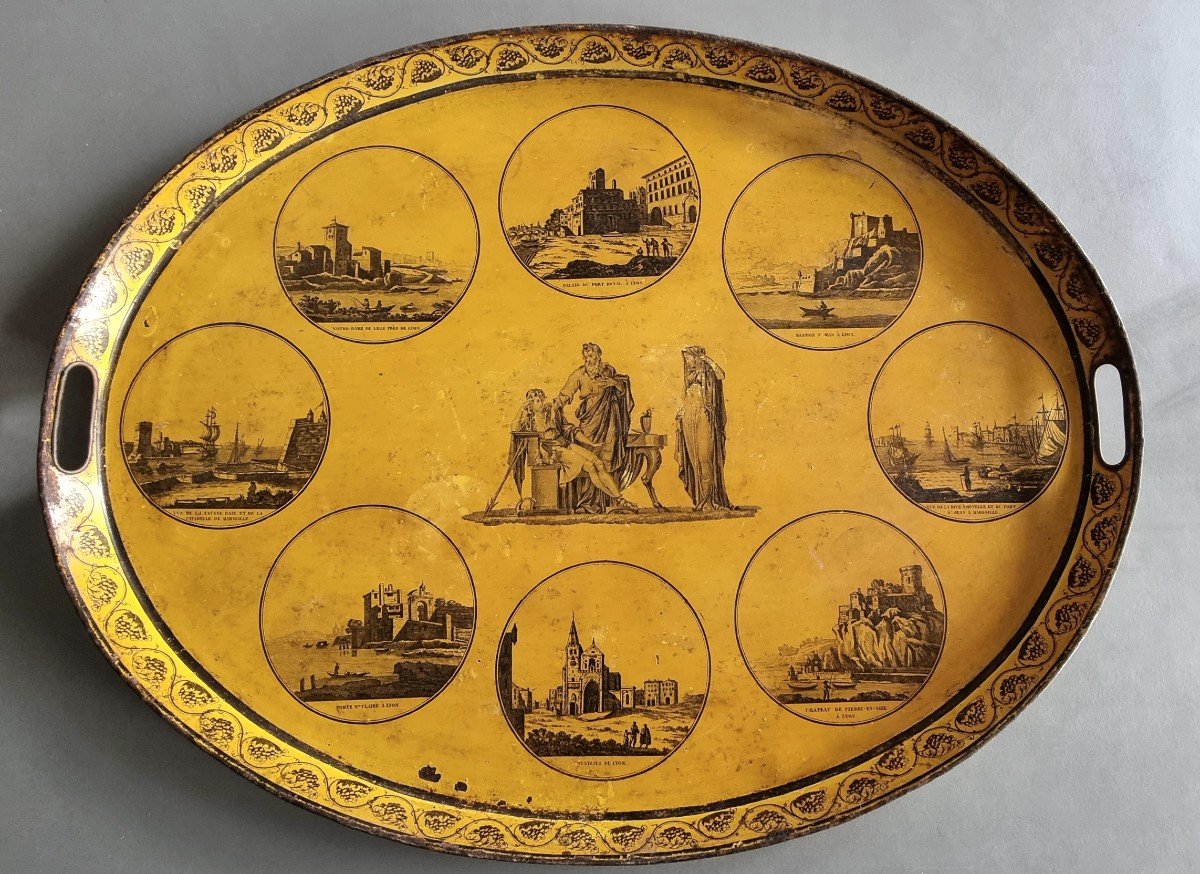 Oval Tray In Yellow Lacquered Sheet Metal Restoration Period Views Of Lyon And Marseille
