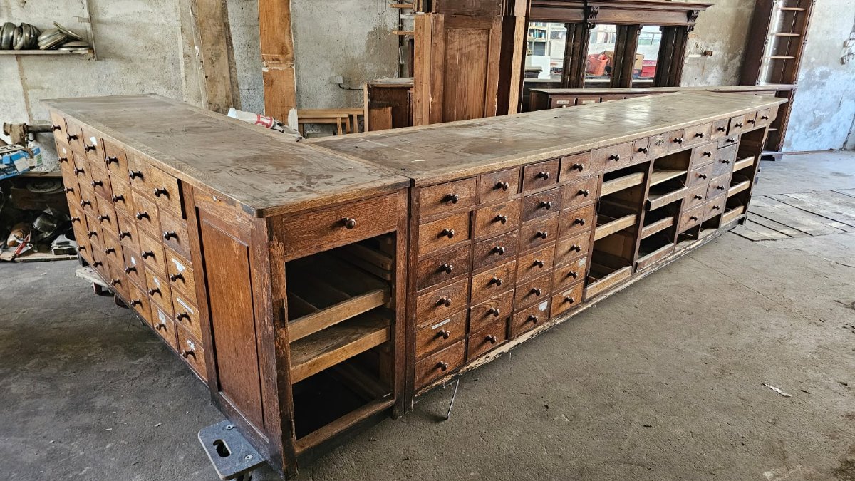3  meubles de métier - comptoir banque d'accueil - meuble à tiroirs - étagère -  apothicaire-photo-3
