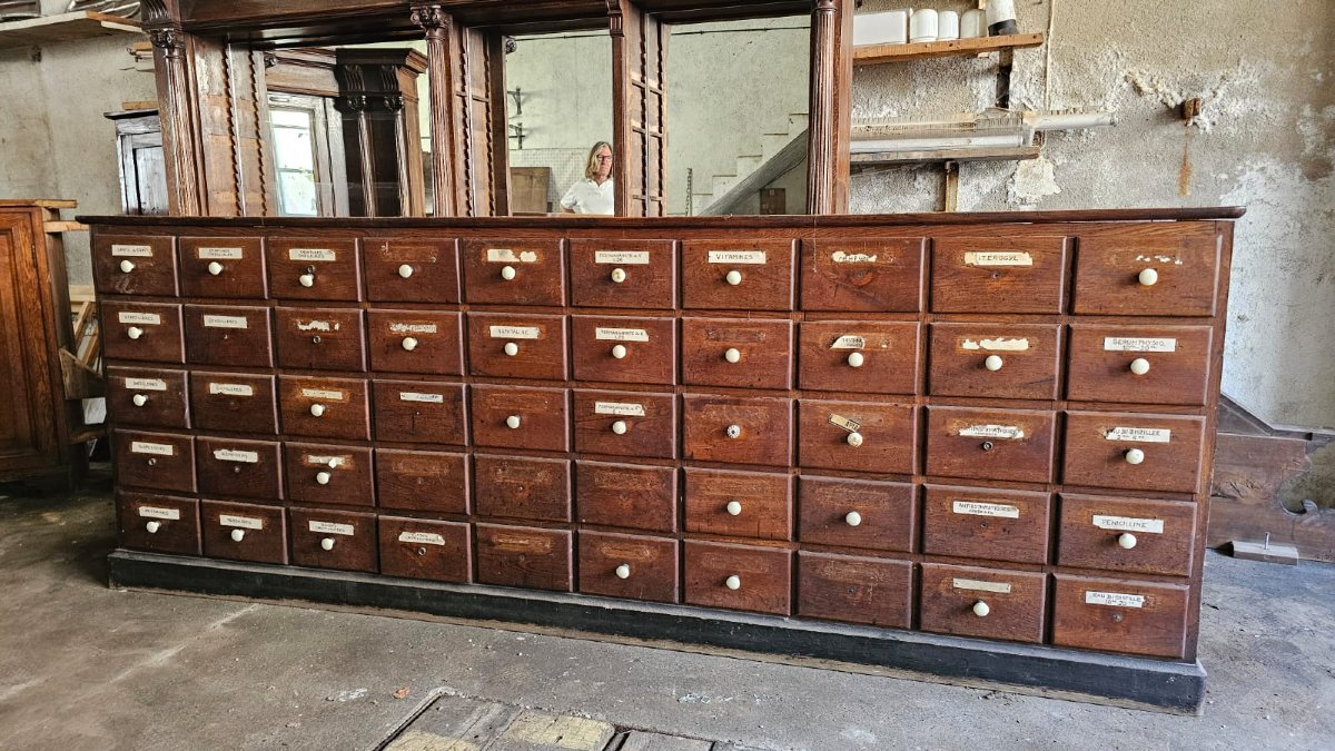 3  meubles de métier - comptoir banque d'accueil - meuble à tiroirs - étagère -  apothicaire-photo-6