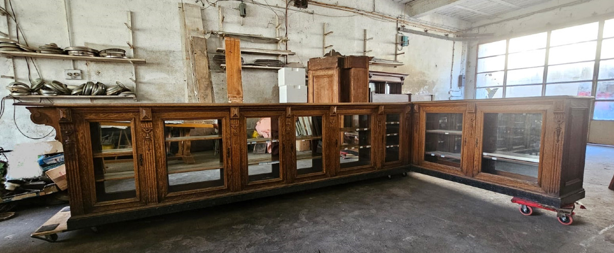 3  meubles de métier - comptoir banque d'accueil - meuble à tiroirs - étagère -  apothicaire