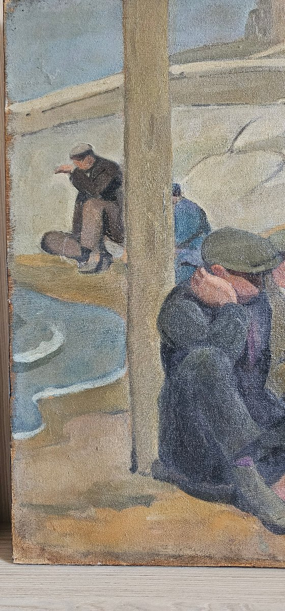 Etienne BOUCHAUD - Huile sur toile JOUEURS DE CARTES au bord de la mer - Alger, Marseille ?-photo-3