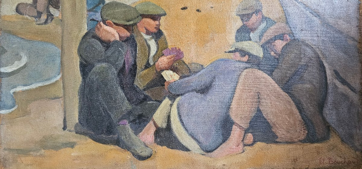 Etienne BOUCHAUD - Huile sur toile JOUEURS DE CARTES au bord de la mer - Alger, Marseille ?-photo-4